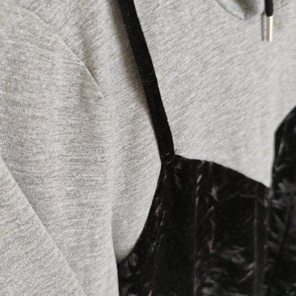Noisy May Black spaghetti full sleeve velvet dress with grey hoodie attached in - Picture 5 of 13